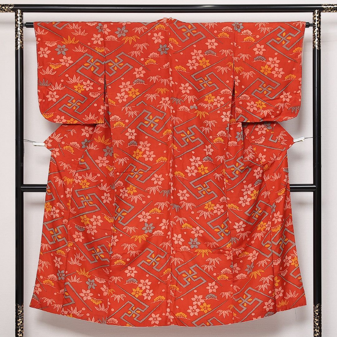 アンティーク 紬 袷 銘仙 身丈146cm 裄丈62cm Cランク 正絹 バチ衿 XS