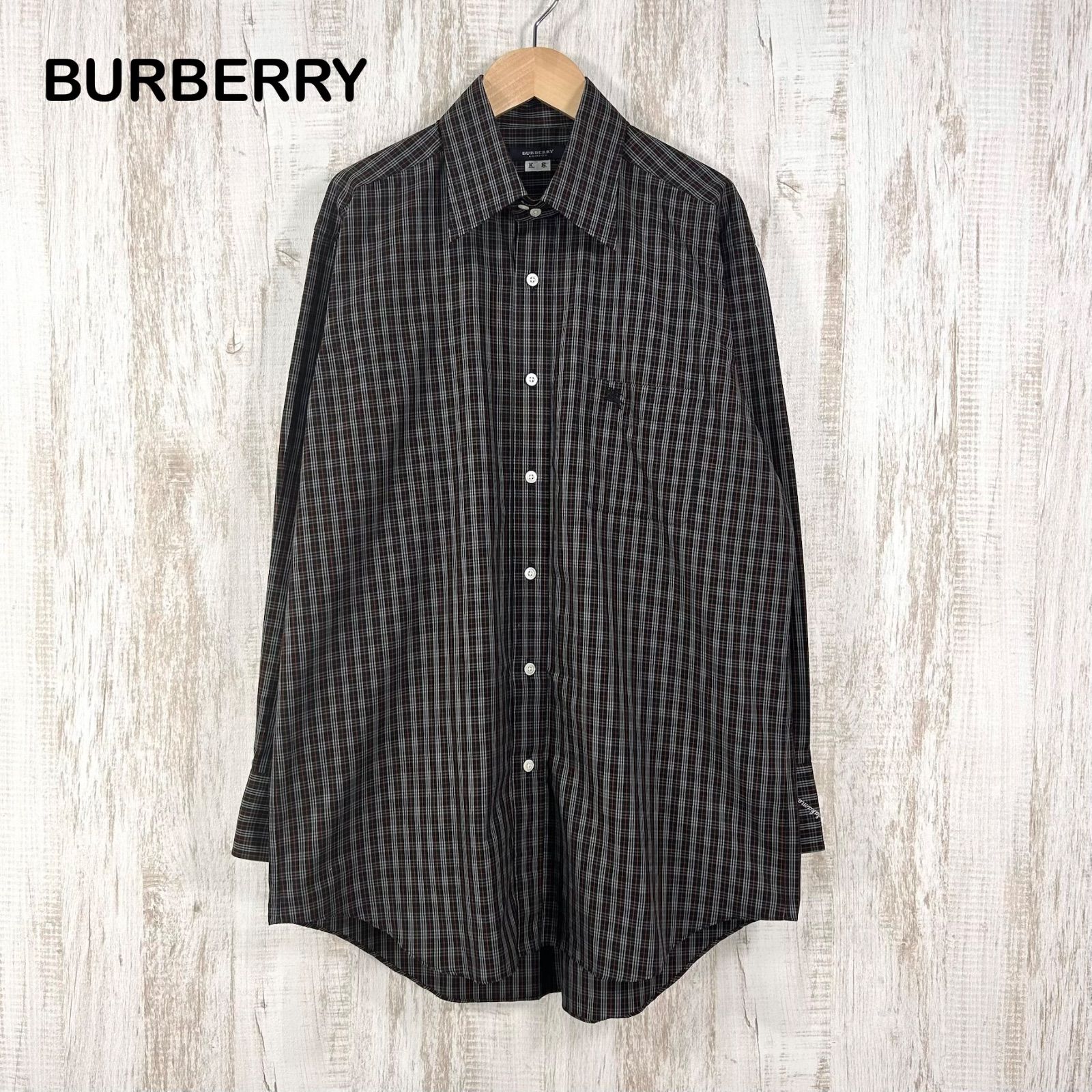 【美品】バーバリーロンドンイングランド長袖シャツ ネイビー ホースロゴ刺繡入り BURBERRY LONDON バーバリーロンドン ホースロゴ刺繡 チェック 総柄