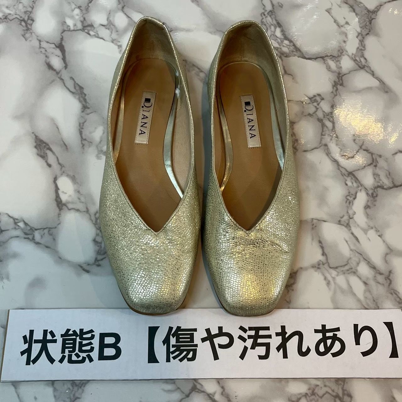 ダイアナ DIANA ラメ Vカット フラットシューズ ゴールド 22cm WD B 