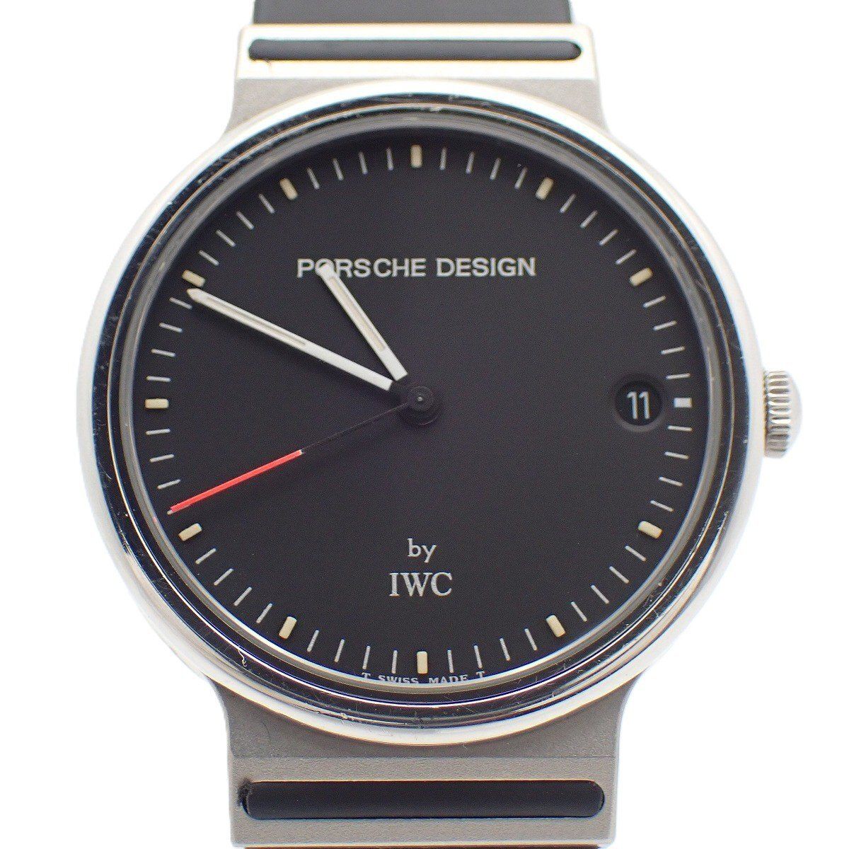 ポルシェデザイン by IWC クォーツ メンズ 腕時計 黒文字盤 純正ラバー 