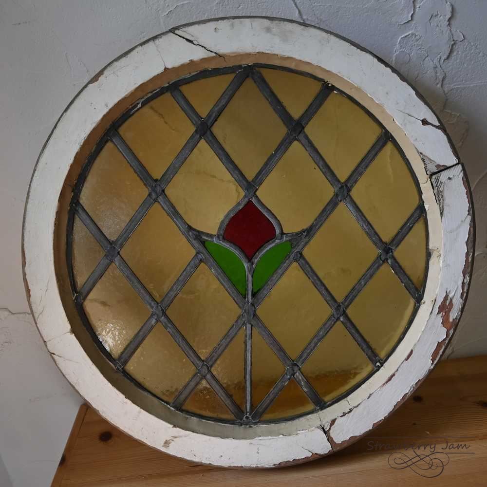  L3710-48 英国アンティーク ステンドグラス ラウンド チューリップ 窓枠 建材 インテリア DIY 小屋 ステンド イギリス ピアス収納 置物 インテリア小物