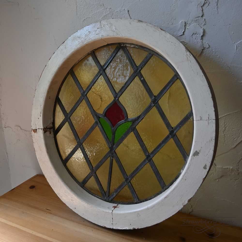 L3710-48 英国アンティーク ステンドグラス ラウンド チューリップ 窓枠 建材 インテリア DIY 小屋 ステンド イギリス