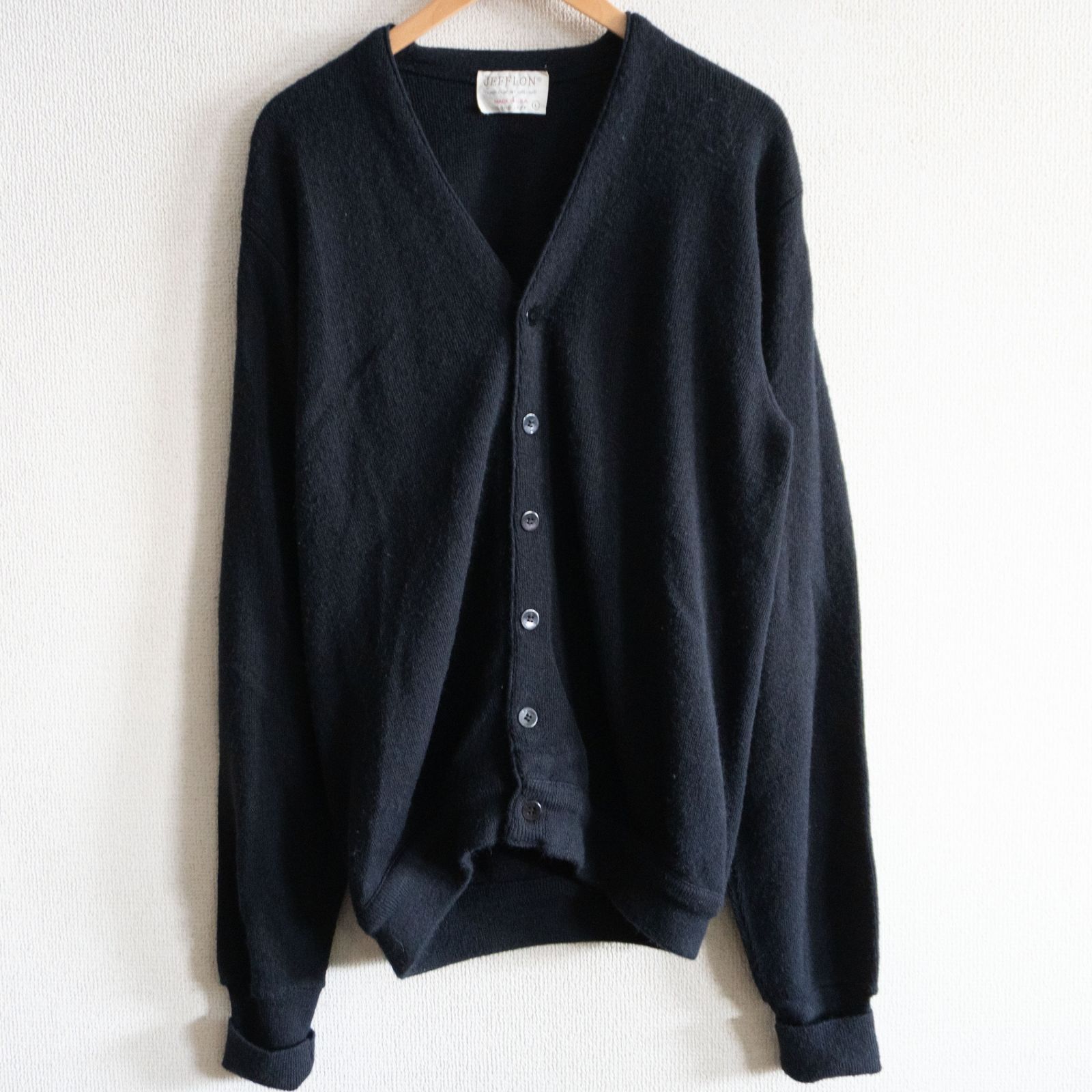 70s/ヴィンテージ】JEFFLON【アクリル カーディガン】L ブラック 古着