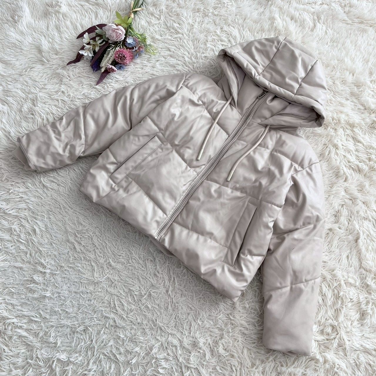 ZARA』ザラ フェイクレザーパフジャケット 長袖 ダウン ショート丈 