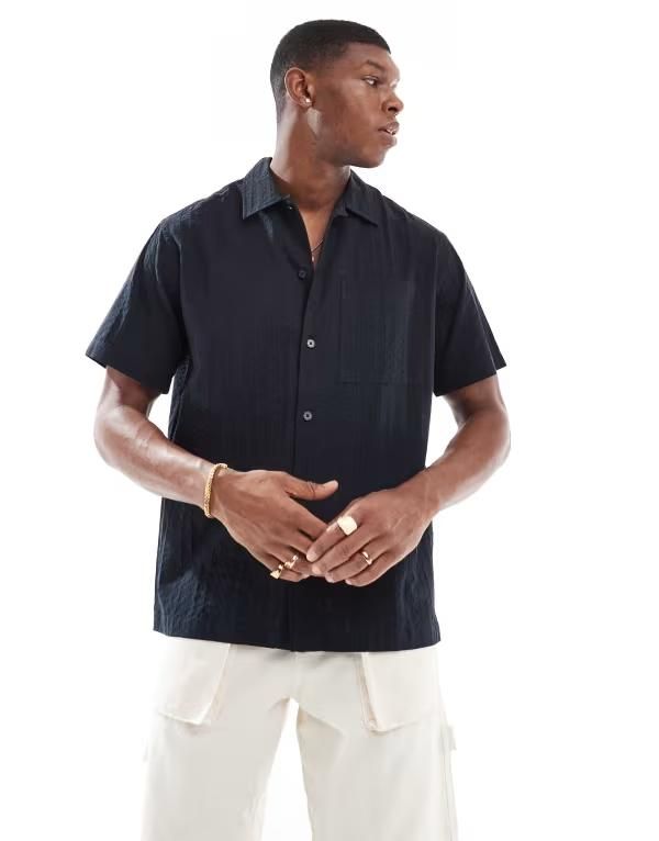 ジャック アンド ジョーンズ メンズ トップス シャツ Jack Jones Premium seersucker shirt Black beauty ブラック