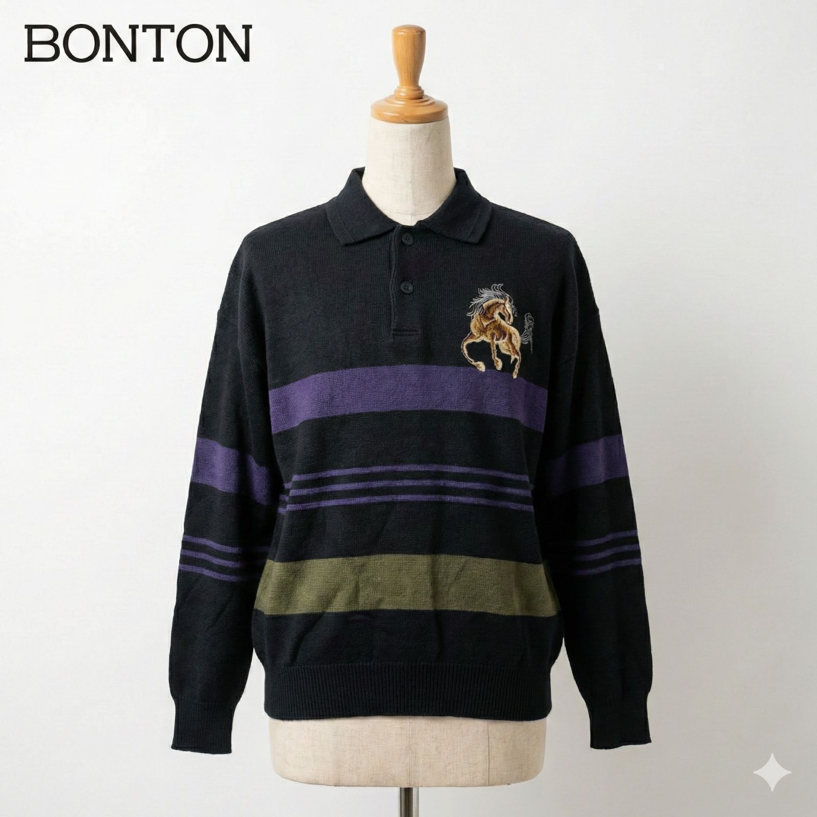 BONTON ボントン ニット・セーター マルチボーダー 馬刺繍 L 日本製