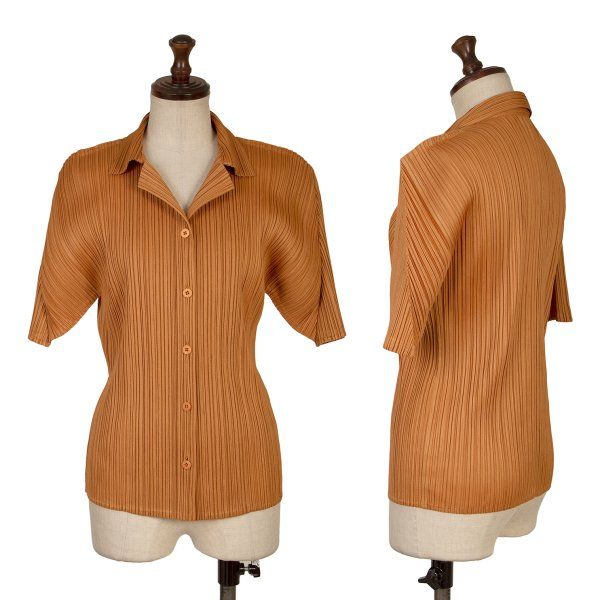PLEATS PLEASE　シャツ 光沢のある薄オレンジ色 プリーツプリーズPLEATS PLEASE プリーツオープンカラー半袖シャツ