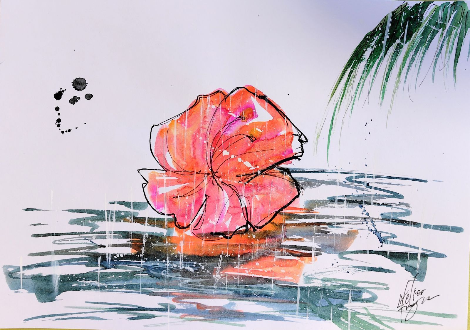 原画#406 ハイビスカス 雨 花 ハワイ 水彩画 ドローイング インテリア