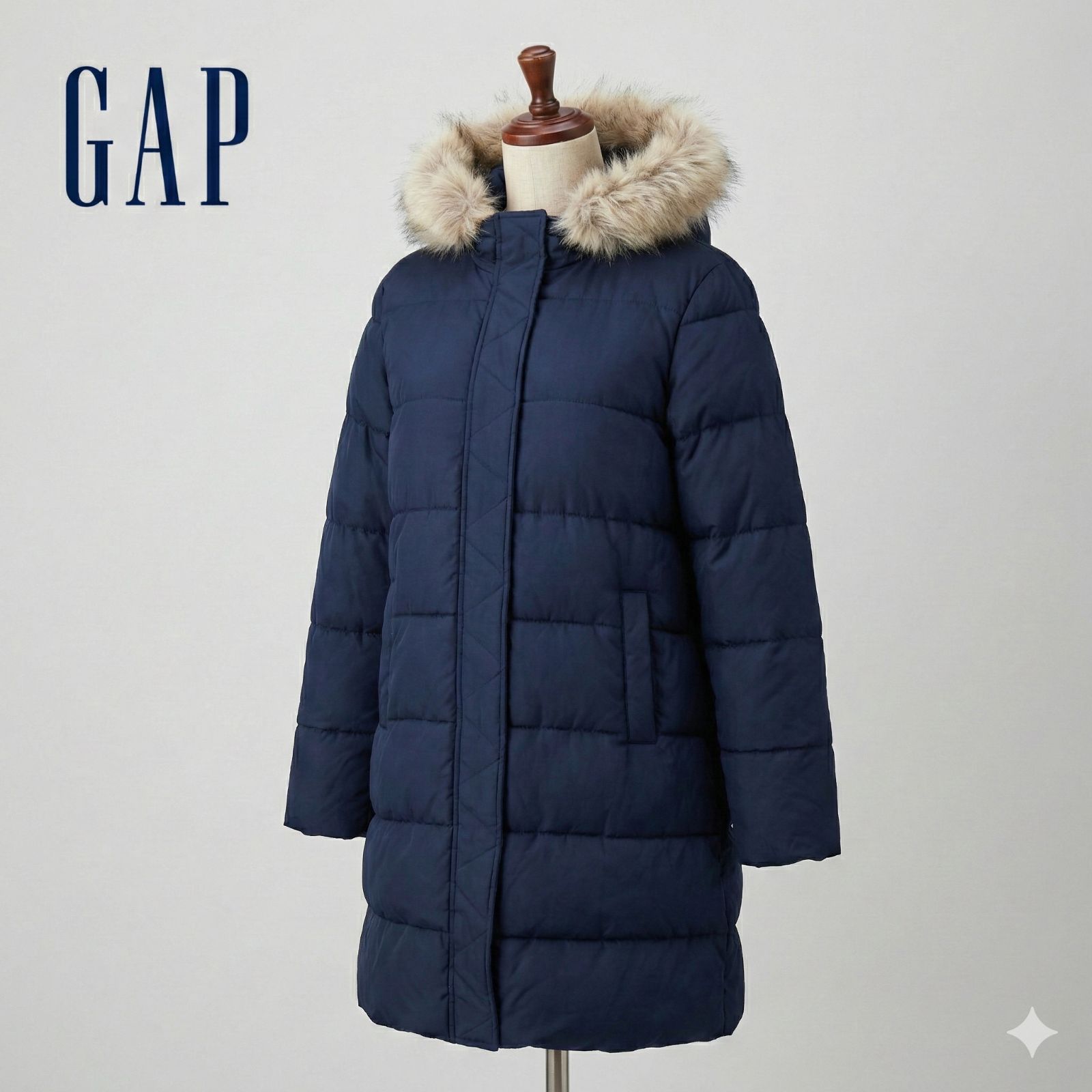 GAP ダウンコート ファー付きフード ミッド丈 ネイビー M #K023-34 