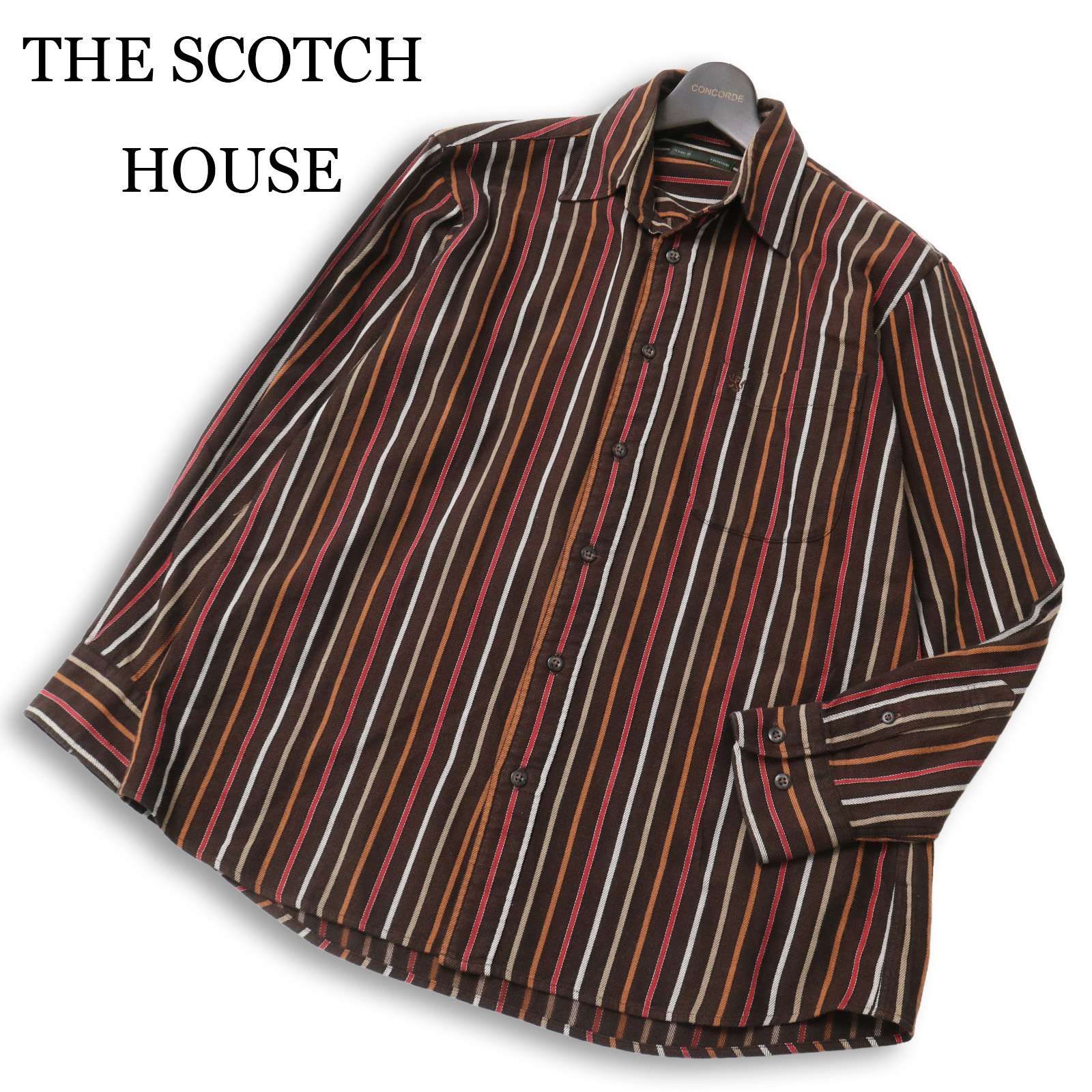 【美品】 THE SCOTCH HOUSE スコッチハウス 通年 ロゴ刺繍 長袖 ストライプ シャツ Sz.M メンズ