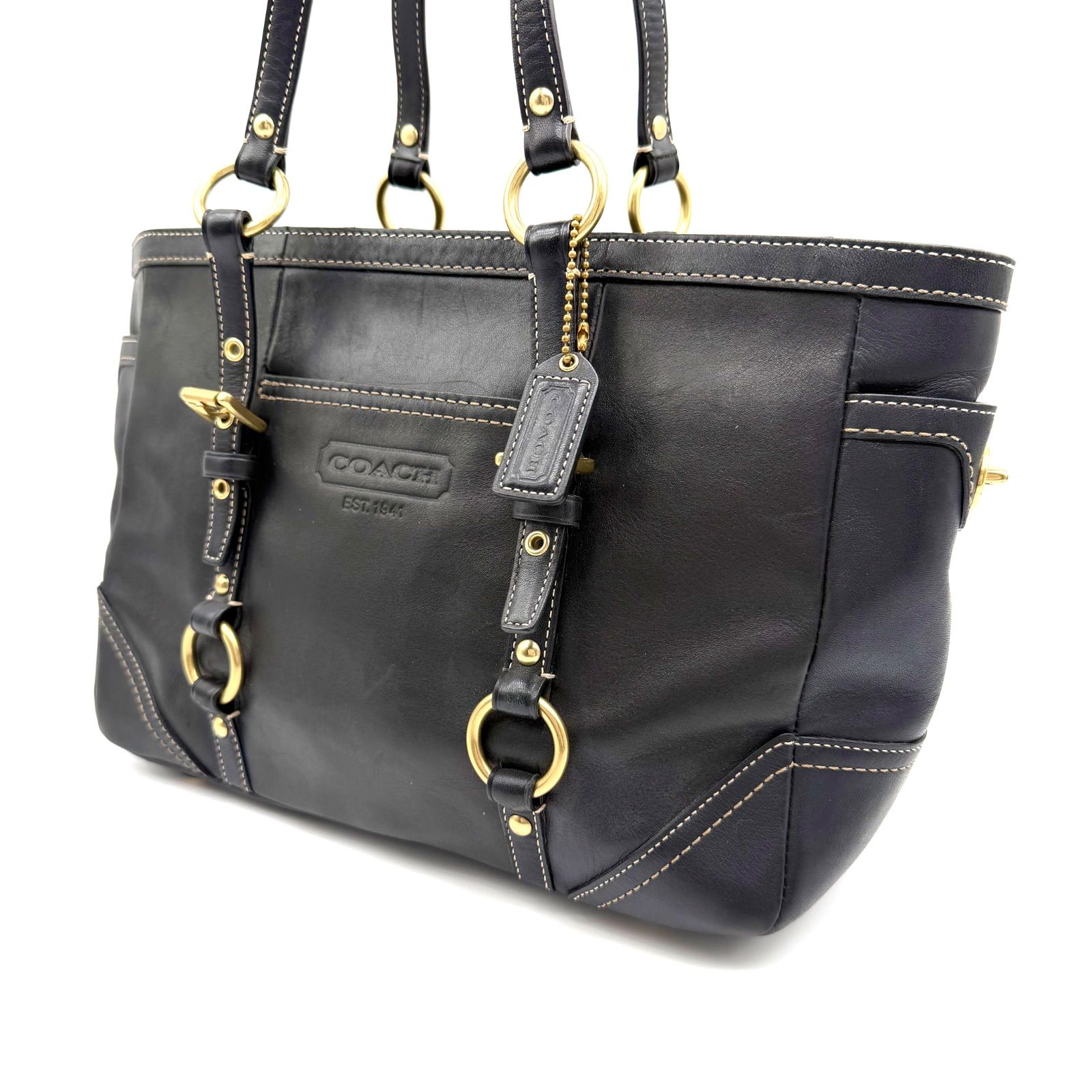 良品】COACH y2k black leather turn lock gold tote bag コーチ
