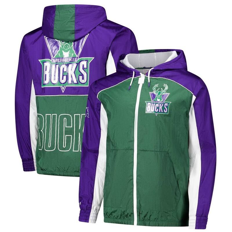 ミッチェルネス メンズ アウター ジャケット・ブルゾン Mens Mitchell Ness GreenPurple Milwaukee Bucks Hardwood Classics Big Shot Premium FullZip Windbreaker