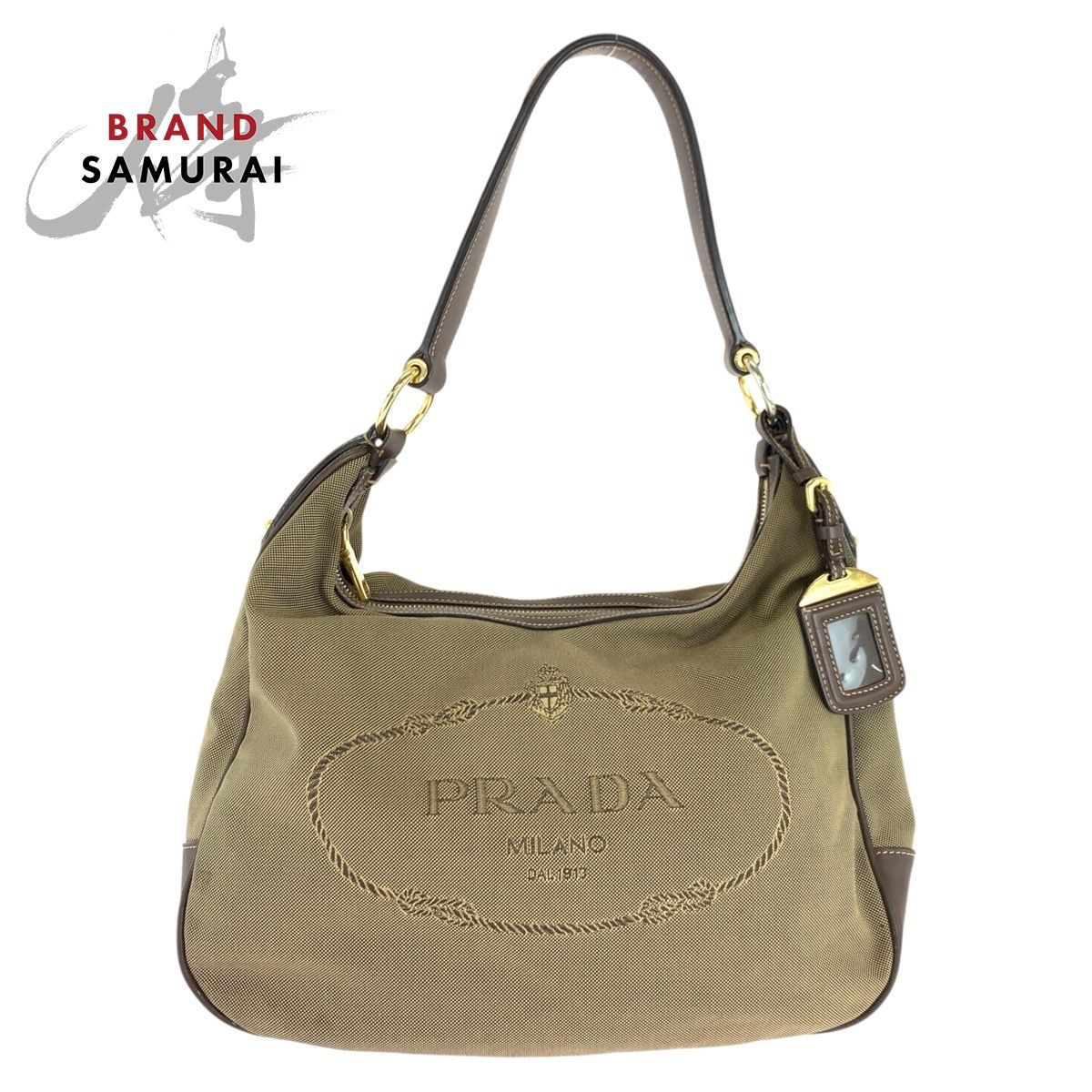 美品 PRADA プラダ ロゴジャガード ブラウン ゴールド金具 キャンバス 