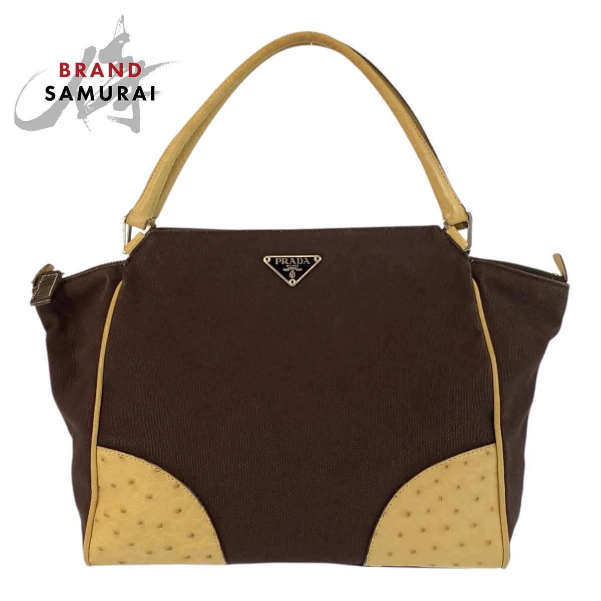 美品 PRADA プラダ 三角ロゴプレート ブラウン ベージュ 美品 PRADA プラダ 三角ロゴプレート ブラウン ベージュ