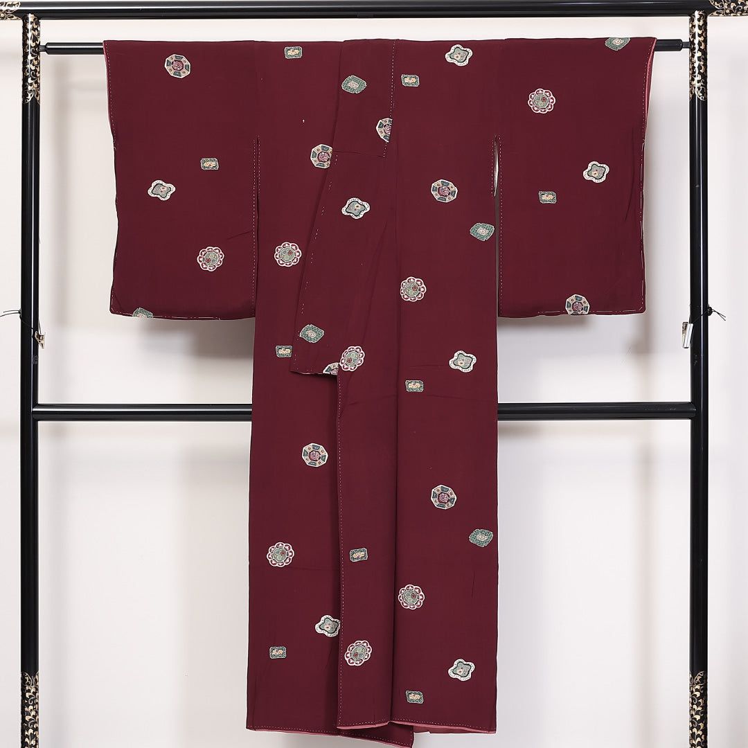 アンティーク 小紋 袷 身丈146cm 裄丈62cm 正絹 Cランク XSサイズ バチ