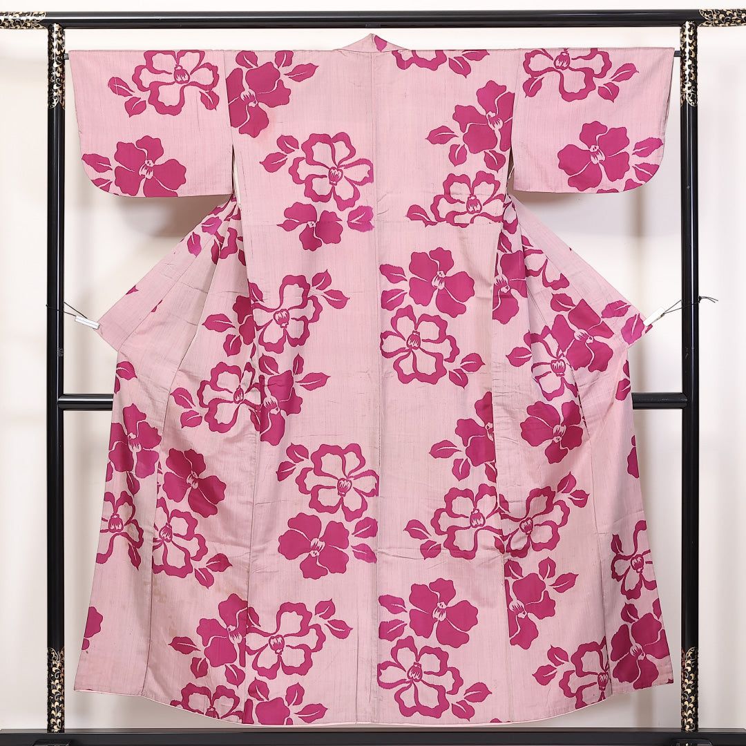 Sサイズ 正絹 紬 ピンク アンティーク 紬（銘仙） 袷 身丈152cm 裄丈