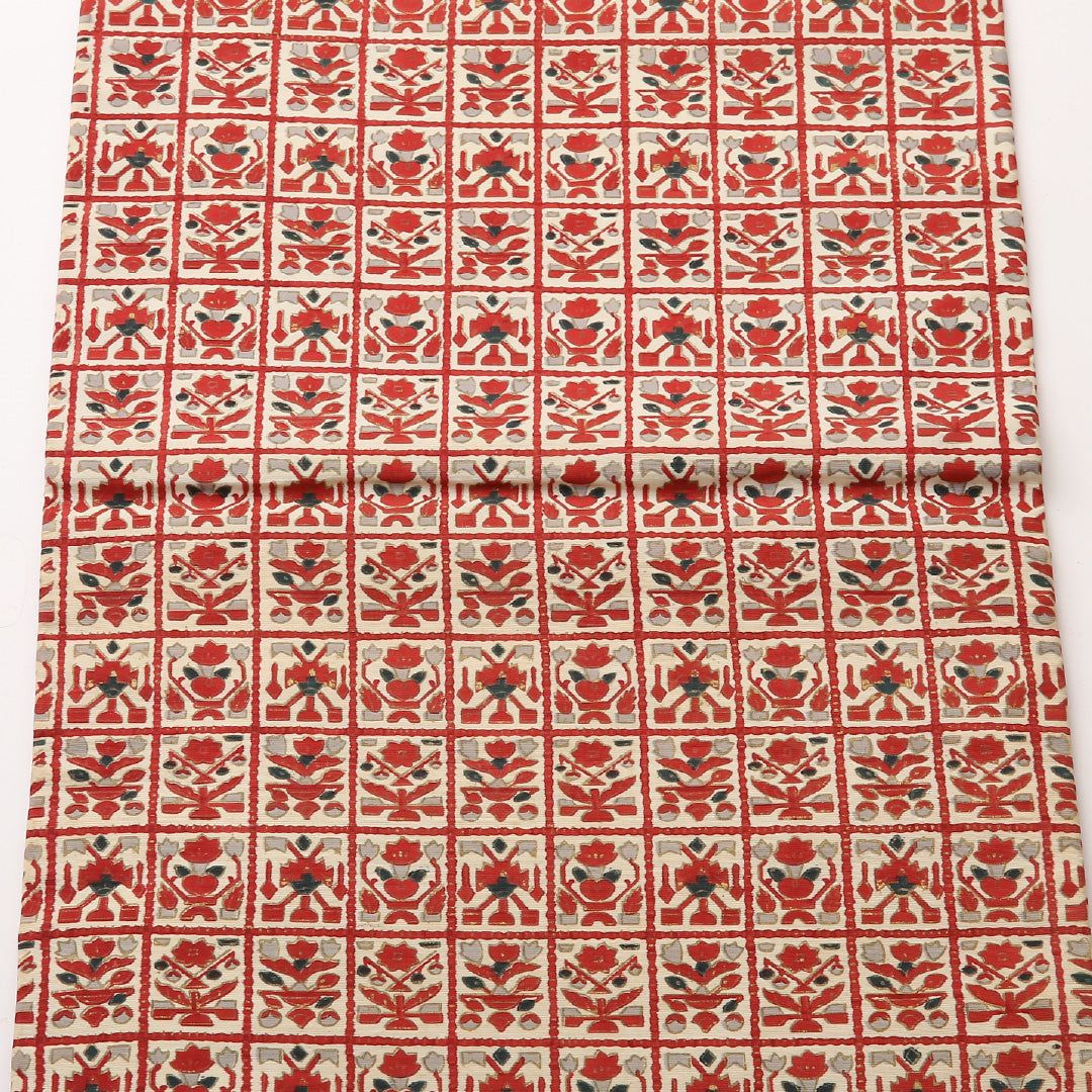 名古屋帯 全通 帯丈350cm カジュアル Bランク 正絹 創作 赤系 1224