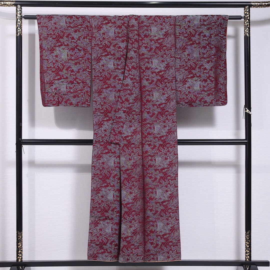 アンティーク お召 身丈148cm 裄丈63cm XS 正絹 Bランク 袷 バチ衿