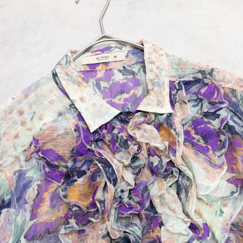ETRO エトロ ブラウス シャツ 花柄 フリル シフォン シルク パープル