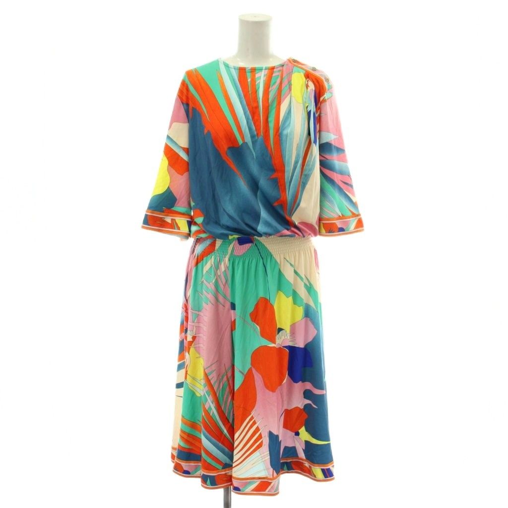 レオナール LEONARD ワンピース ナイロン 七分袖 ロング 花柄 ロゴ 総