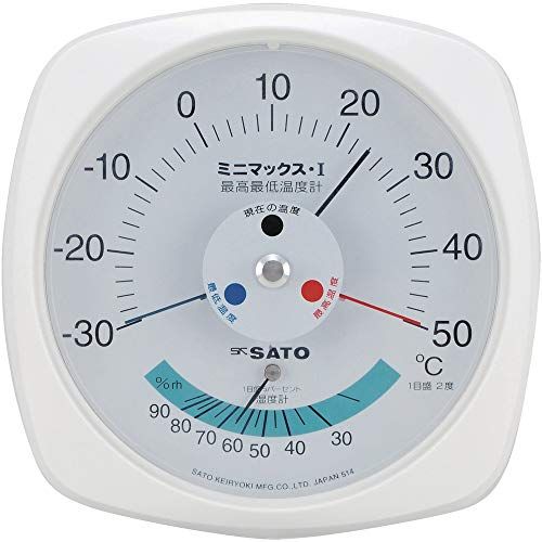 新品 佐藤計量器製作所 ミニマックスI型最高最低温度計(湿度計付) ホワイト 180×180×35mm