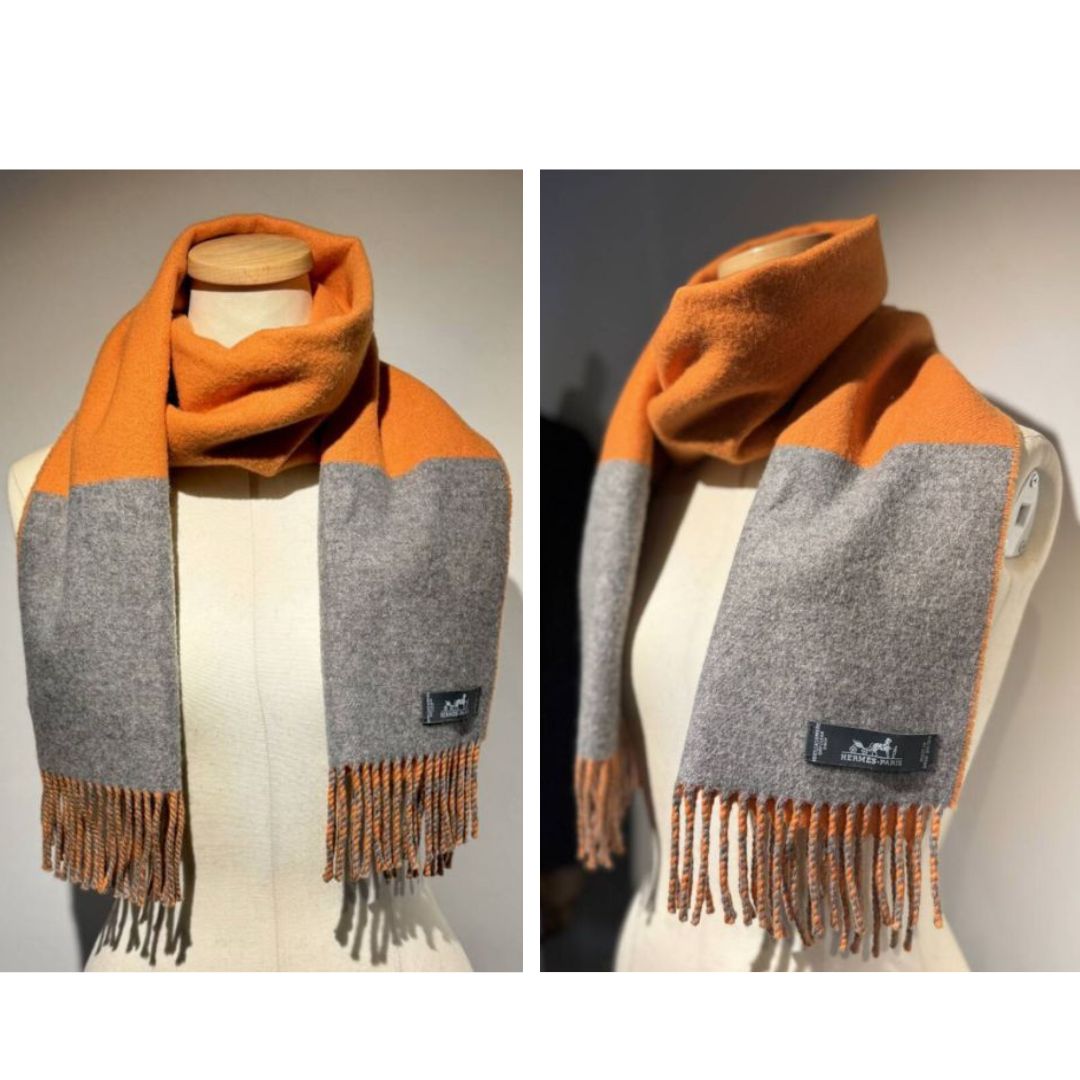 HERMES エルメス バイカラー マフラー ストール カシミア100% オレンジ