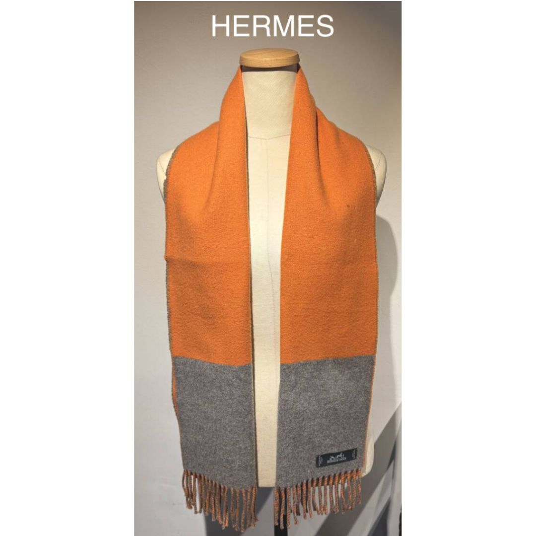 HERMES エルメス バイカラー マフラー ストール カシミア100% オレンジ