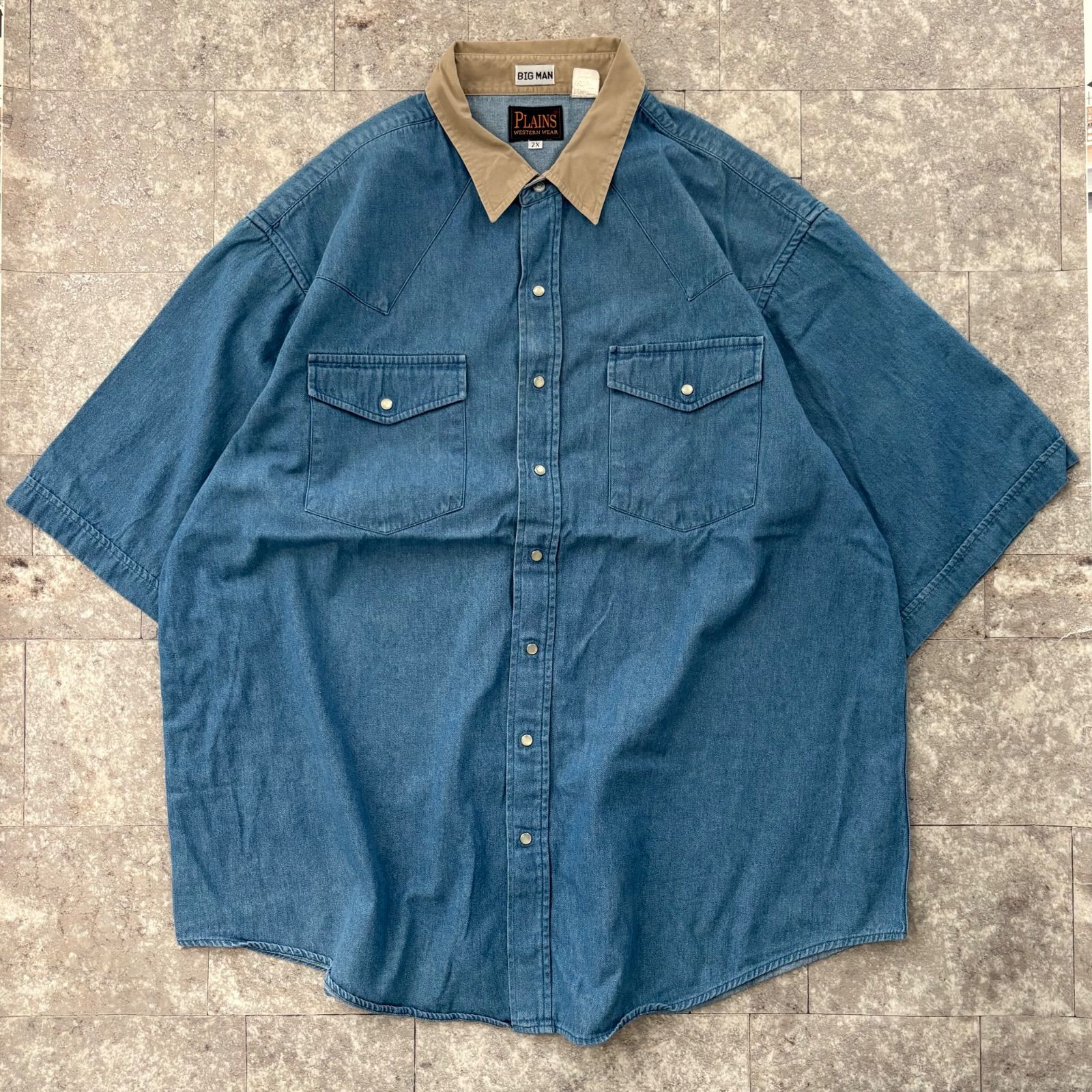 PLAINS ウエスタンシャツ 半袖 デニムシャツ 襟切替 バイカラー ビッグシルエット 2X