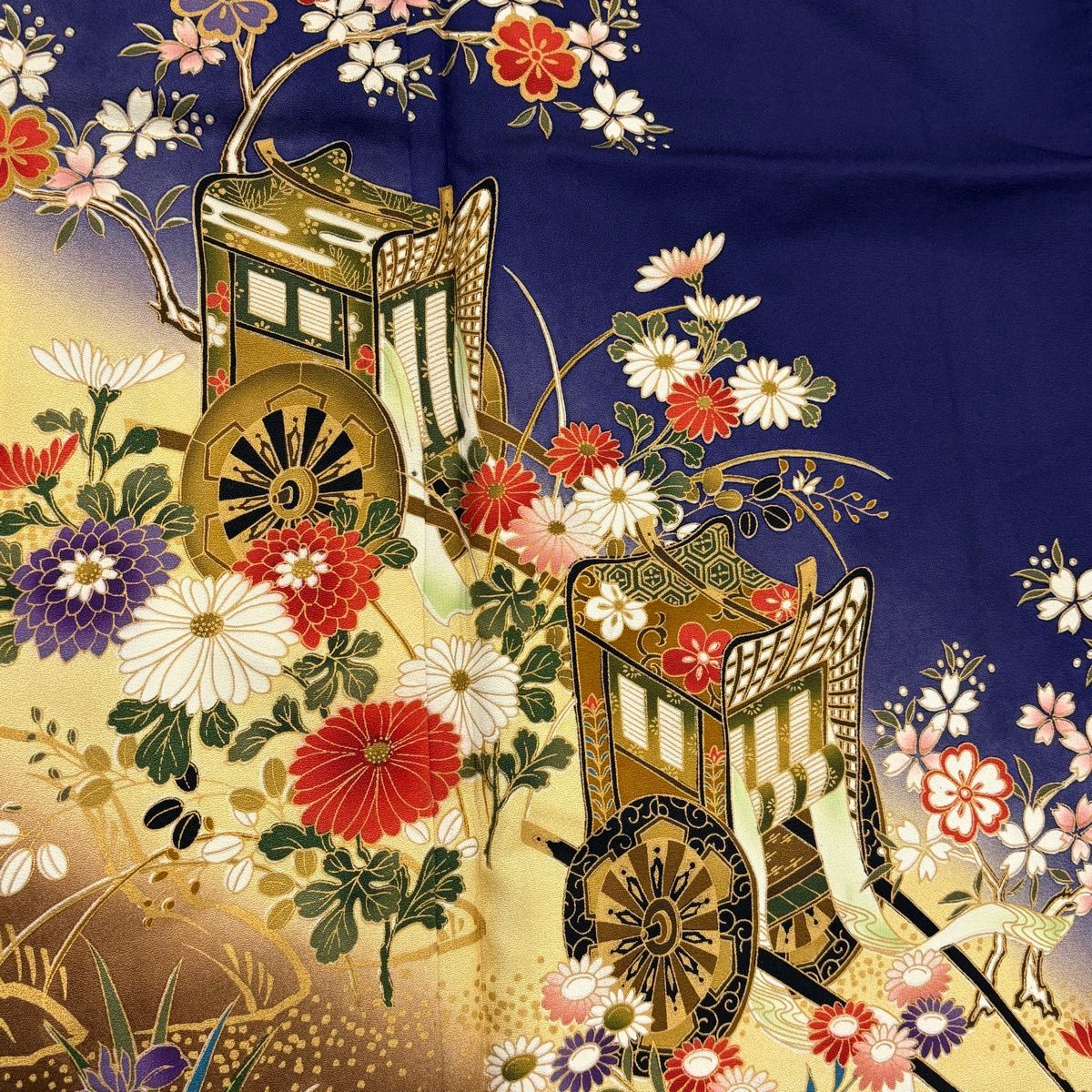 振袖 身丈164cm 裄丈66cm M 袷 御所車 桜 金彩 ぼかし 青紫 正絹 秀品