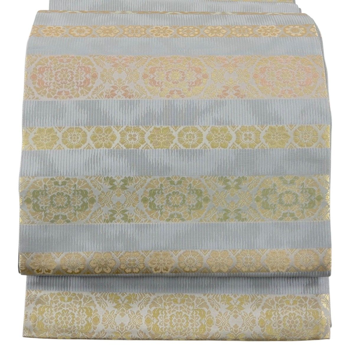 美品】 袋帯 逸品 箔屋清兵衛 落款 西陣織 横段 華文 箔 青灰色 お太鼓