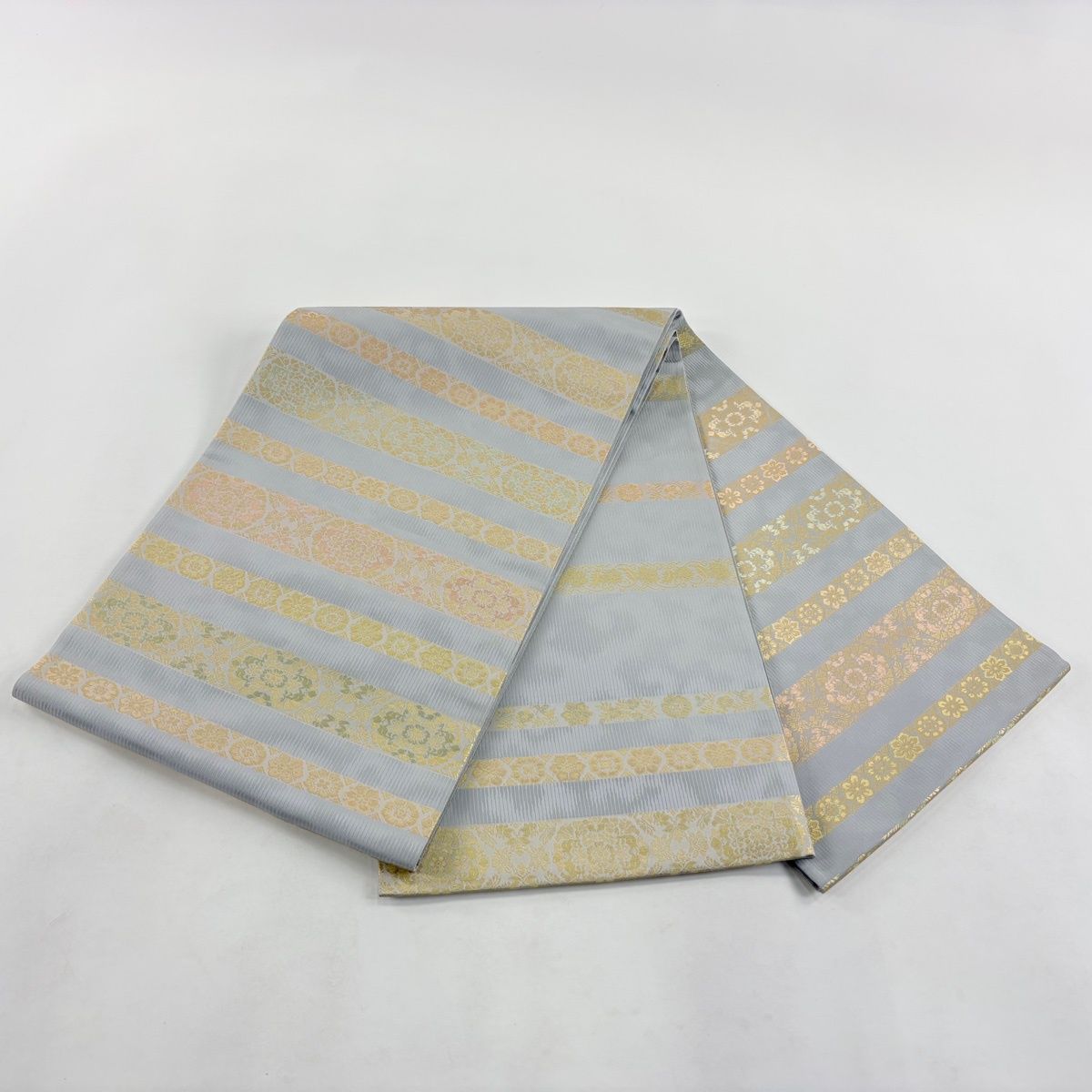 美品】 袋帯 逸品 箔屋清兵衛 落款 西陣織 横段 華文 箔 青灰色 お太鼓