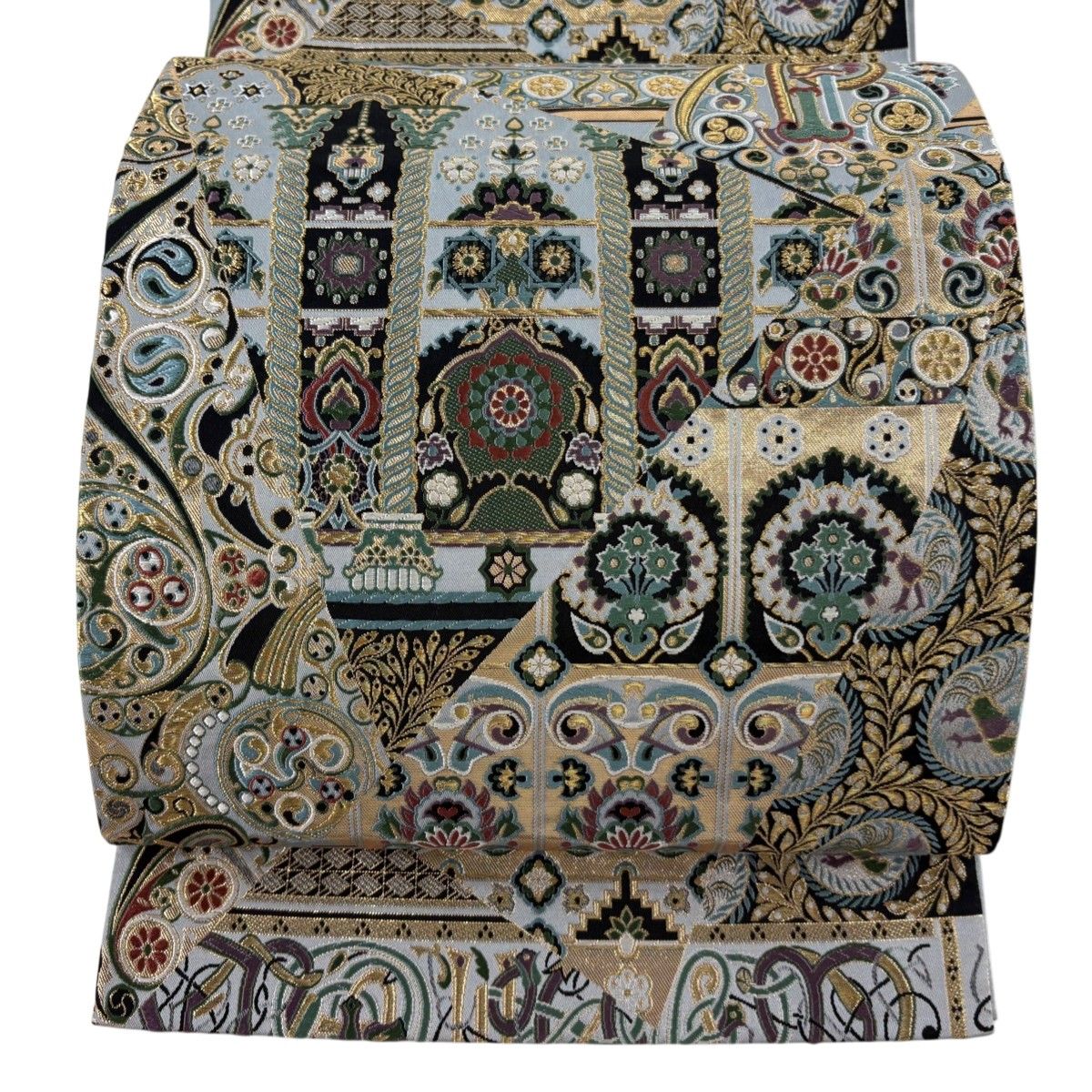 美品 袋帯 名品 幾何学 金糸 灰緑 六通 正絹 中古 美品】 袋帯