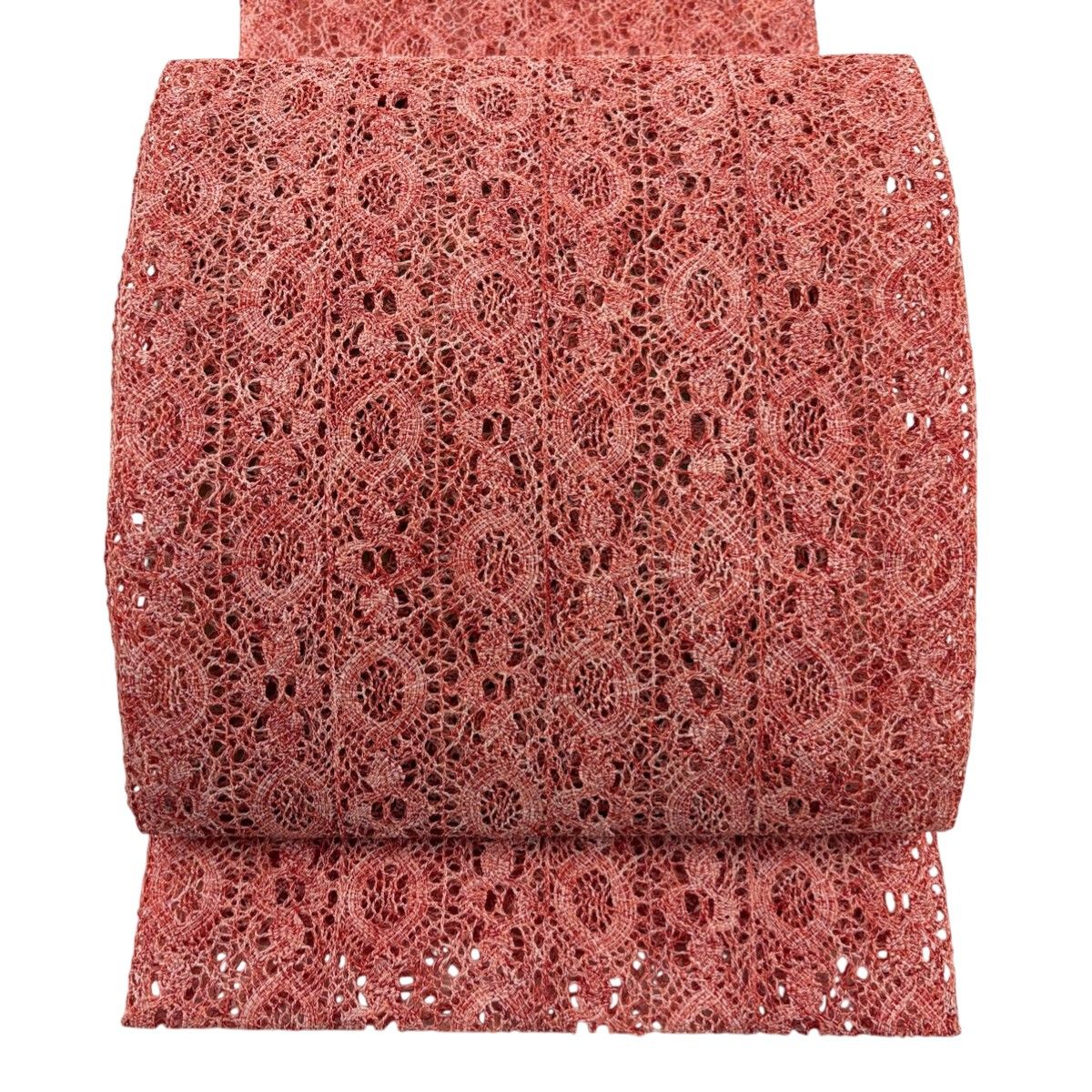 美品】 名古屋帯 秀品 夏帯 八寸名古屋帯 松葉仕立て 幾何学模様 茜色