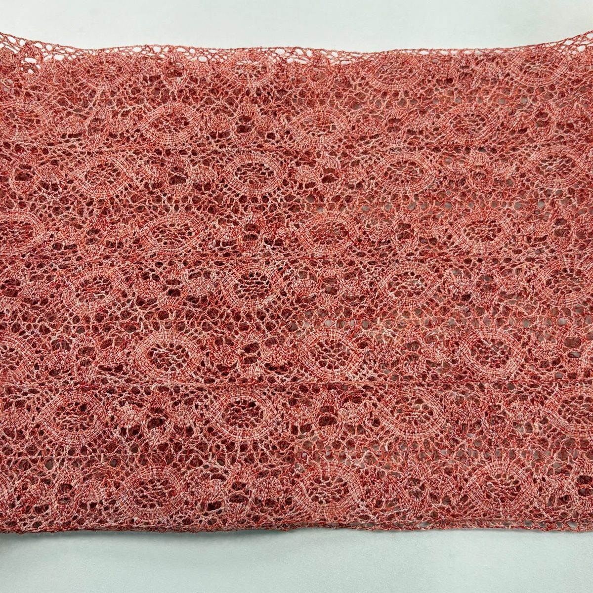 美品】 名古屋帯 秀品 夏帯 八寸名古屋帯 松葉仕立て 幾何学模様 茜色