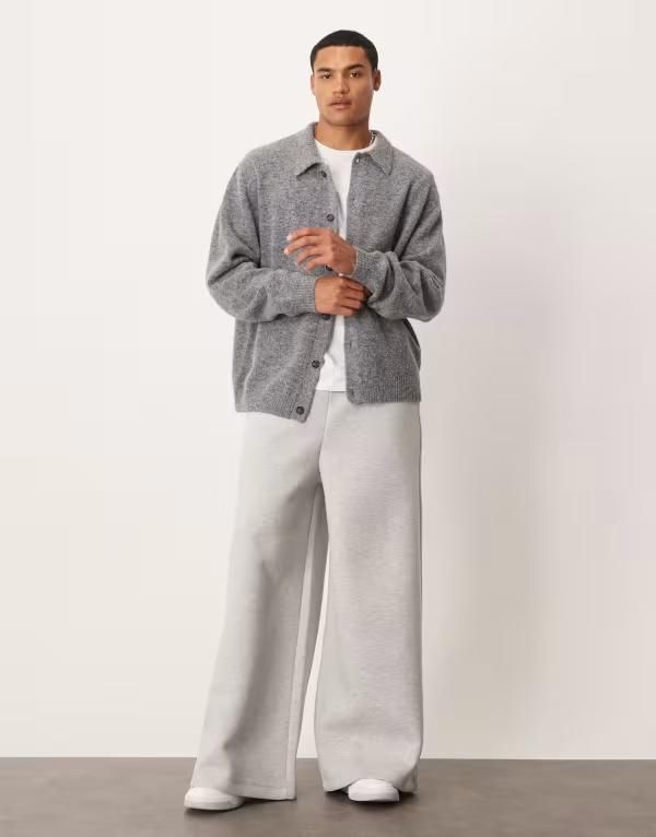 ASOS エイソス メンズ DESIGN リネン素材のワイドレッグスーツ ASOS（スタイル（パンツ）カーゴパンツ）（ズボン・パンツ エイソス メンズ ボトムス カジュアルパンツ ワイドレッグ パンツ スウェットパンツ スキューバ ASOS DESIGN heavyweight super wide leg sweatpants in scubastyle fabric heather Gr