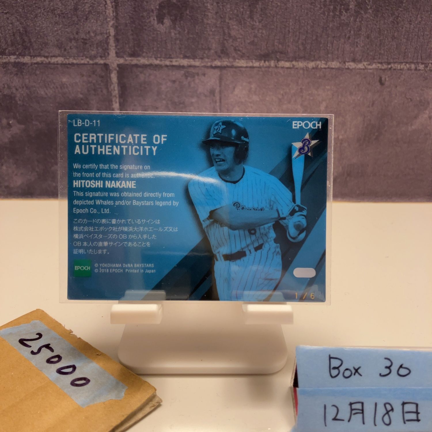 2018 EPOCH 中根仁 1/6 直筆サインカード 横浜DeNAベイスターズ