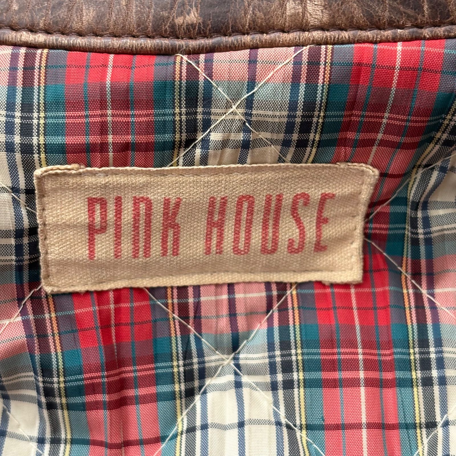 チェックライダースジャケット牛革本革PINKHOUSEピンクハウス ピンクハウス A-2 レザージャケット M相当 ブラウン 本革 背面ロゴ
