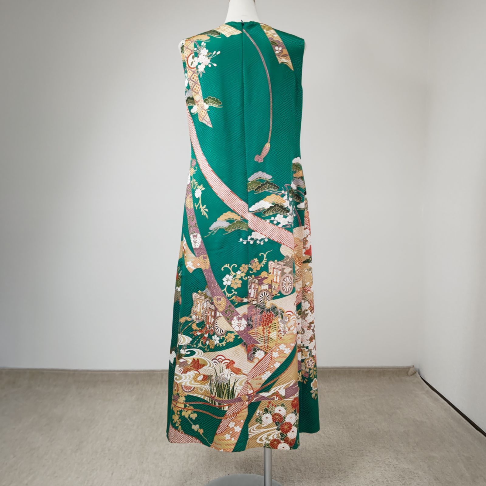 zunezune 訳有 振袖ドレス ノースリーブ 着物リメイクワンピース 緑