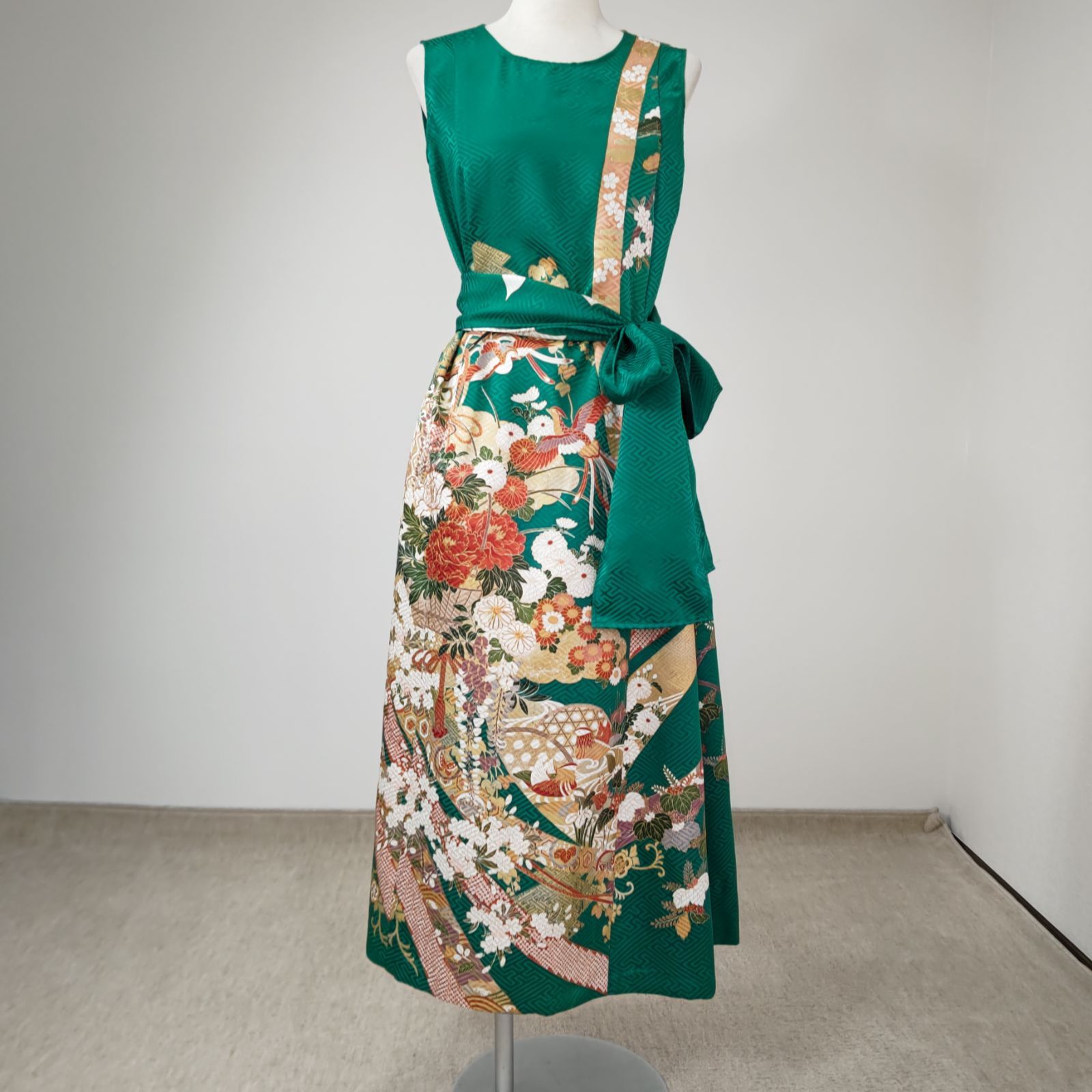 zunezune 訳有 振袖ドレス ノースリーブ 着物リメイクワンピース 緑