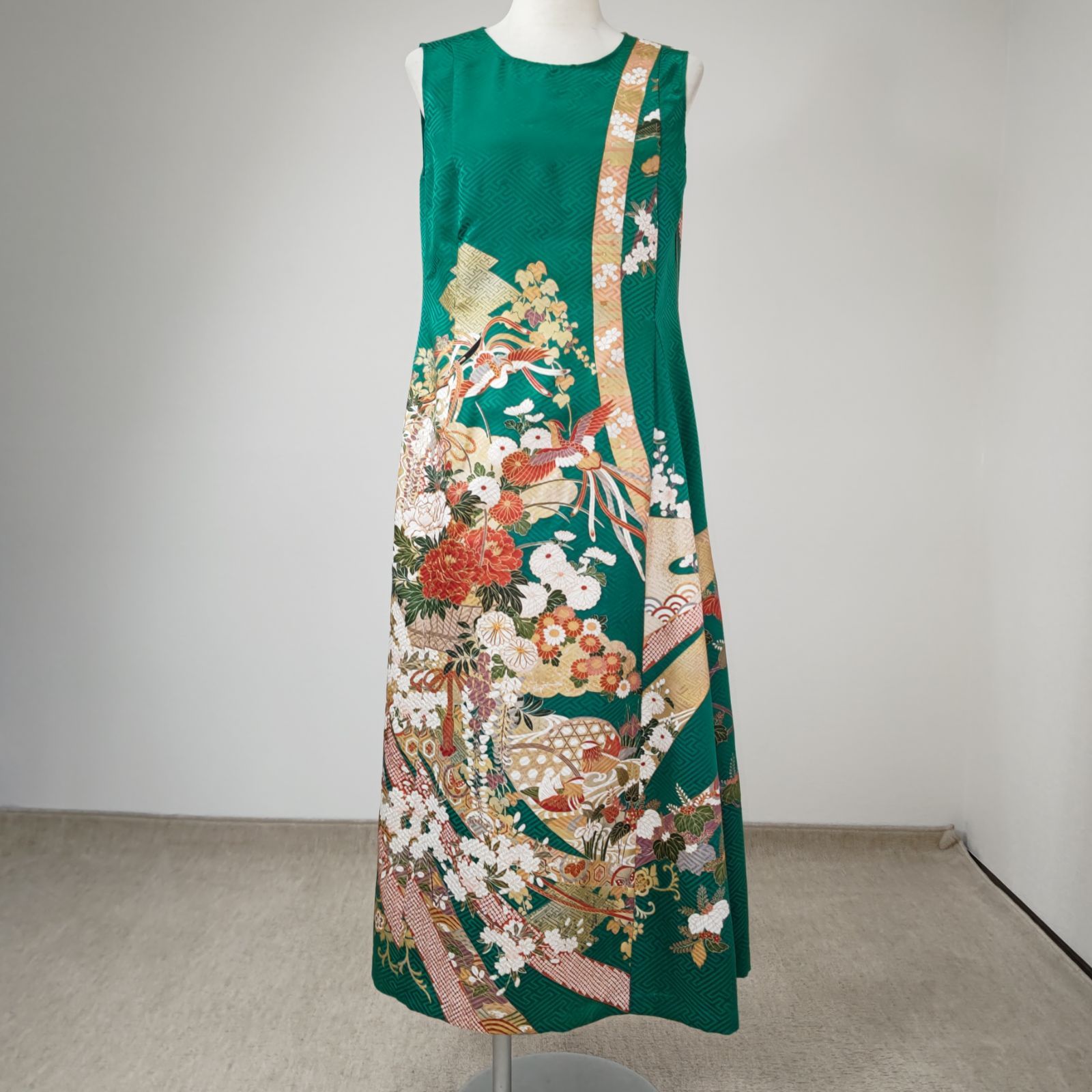 zunezune 訳有 振袖ドレス ノースリーブ 着物リメイクワンピース 緑