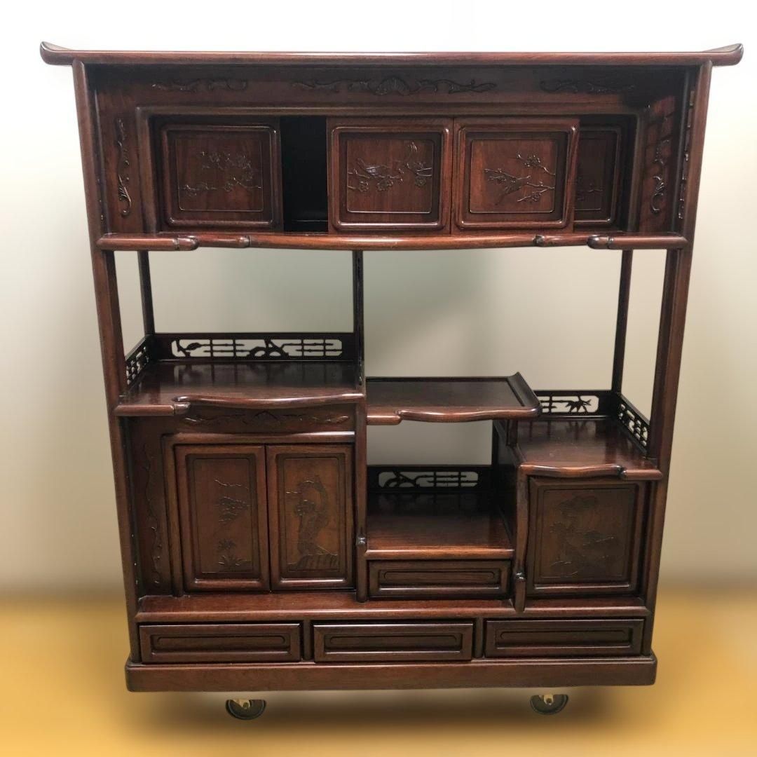 中国家具 唐木 飾り棚 茶棚 木製 彫刻 透かし彫り 収納棚 キャビネット