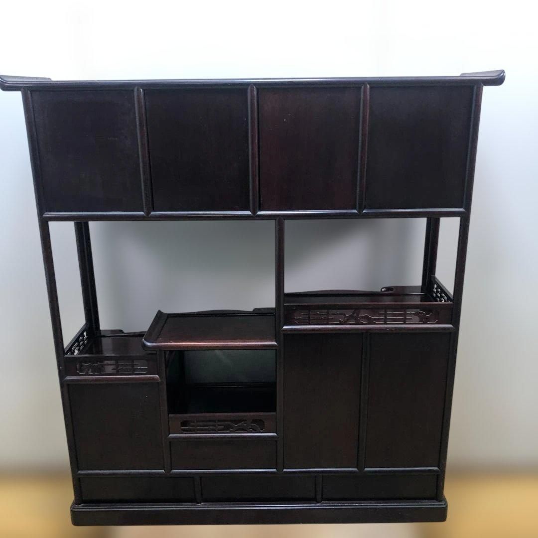 中国家具 唐木 飾り棚 茶棚 木製 彫刻 透かし彫り 収納棚 キャビネット
