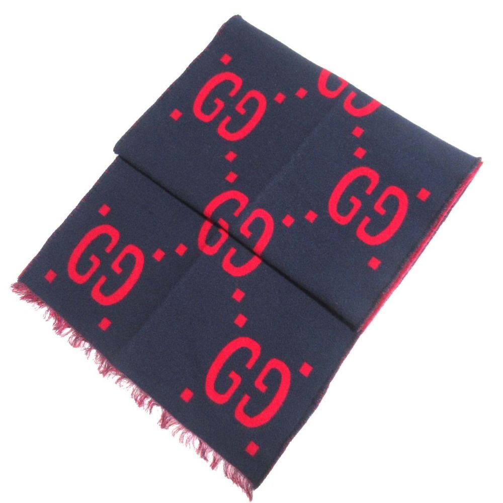 美品　付属品完備　GUCCI グッチ　GGジャガード マフラー ネイビー/レッド 美品 GUCCI グッチ GGジャガード リバーシブル マフラー ネイビー