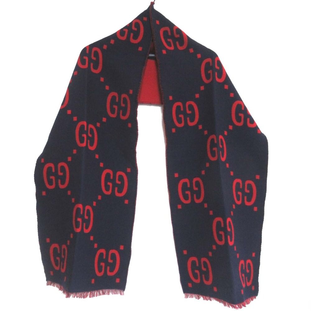 美品 GUCCI グッチ GGジャガード リバーシブル マフラー ネイビー