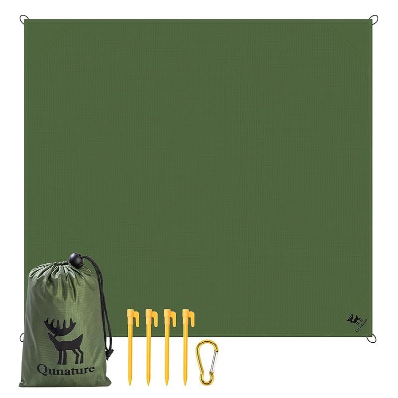 [Brand New] Qunature Leisure Sheet, Waterproof Sheet, Foldable Ground Sheet, Lightweight, Compact, Moisture Proof, 210T Durable, Quick Dry, Easy to Clean, Storage Bag Included, Outdoor Camping, Beach, Excursion, Mountaineering, Flower Viewing, Sports Day (Khaki Green) 0