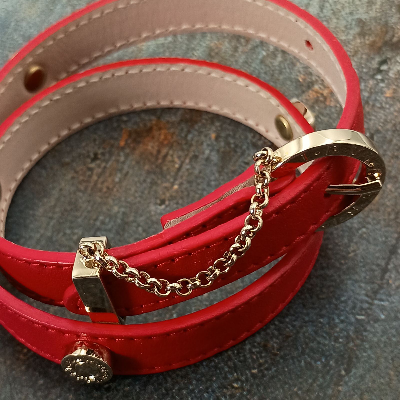 BVLGARI ブルガリ レザー ブレスレット レディース レッド ゴールド 箱 