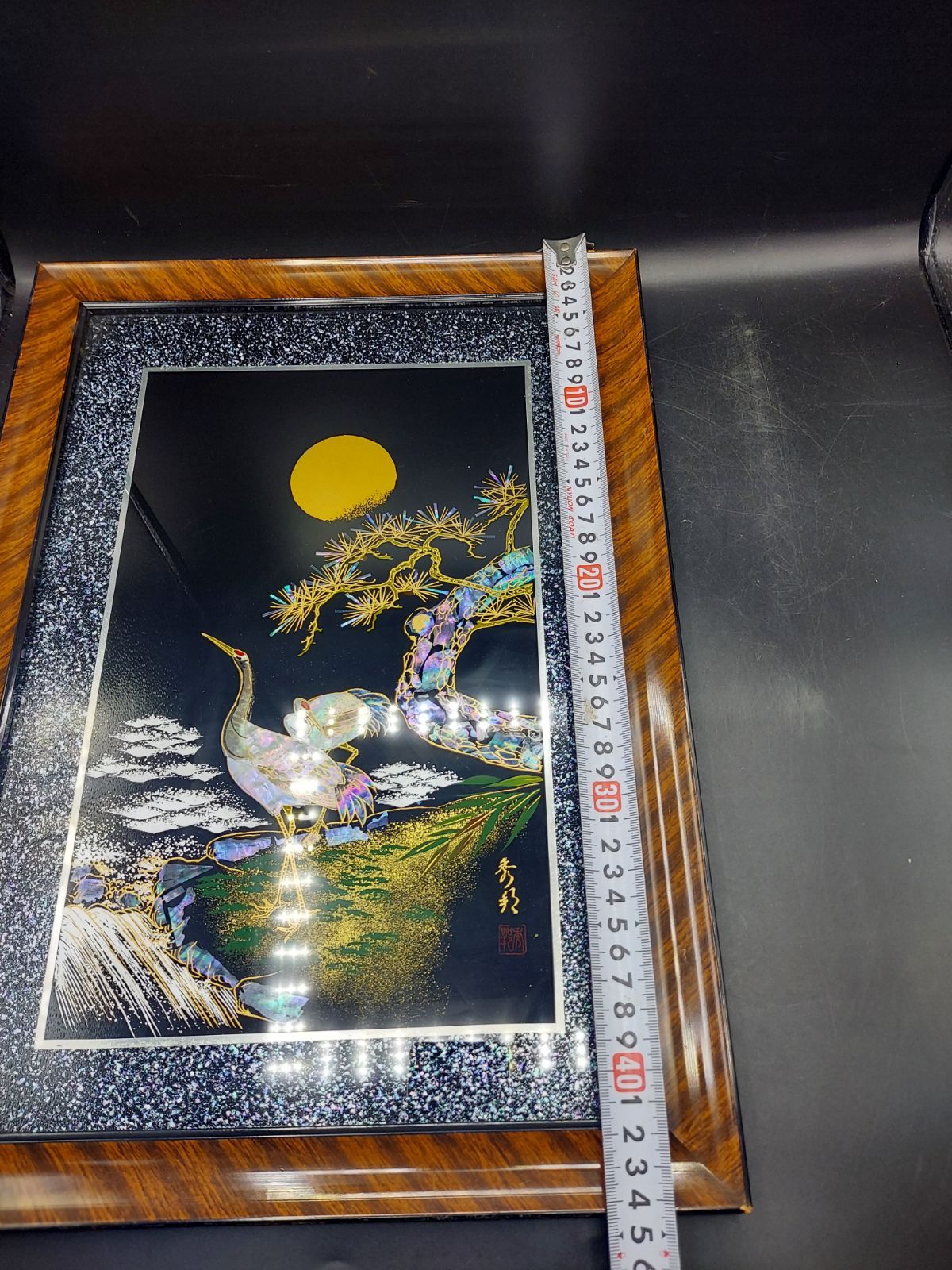 螺鈿細工 漆絵額 美術漆器 松 鶴 月 夜 秀邦銘 □《M》 - メルカリ