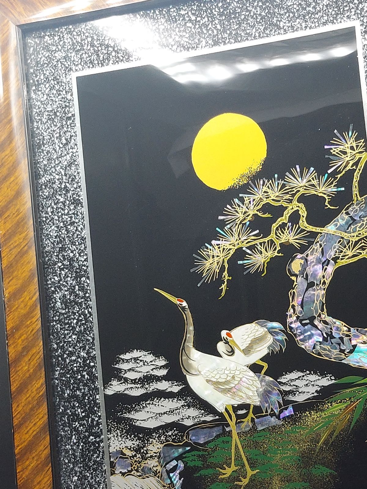 螺鈿細工 漆絵額 美術漆器 松 鶴 月 夜 秀邦銘 伝統工芸 額 アート