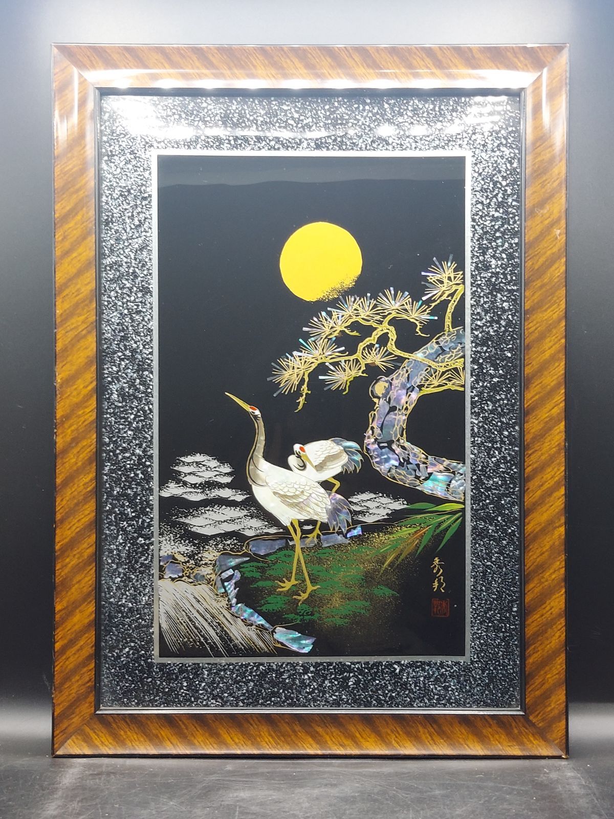 □《M》螺鈿細工 漆絵額 美術漆器 松 鶴 月 夜 秀邦銘 | Shop at 