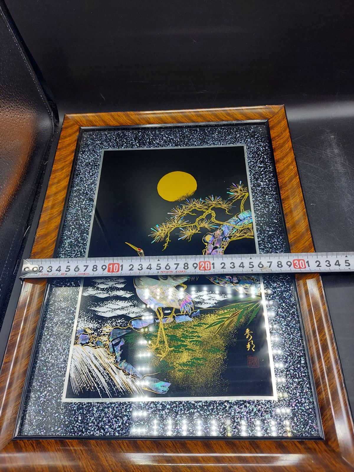 螺鈿細工 漆絵額 美術漆器 松 鶴 月 夜 秀邦銘 □《M》 - メルカリ